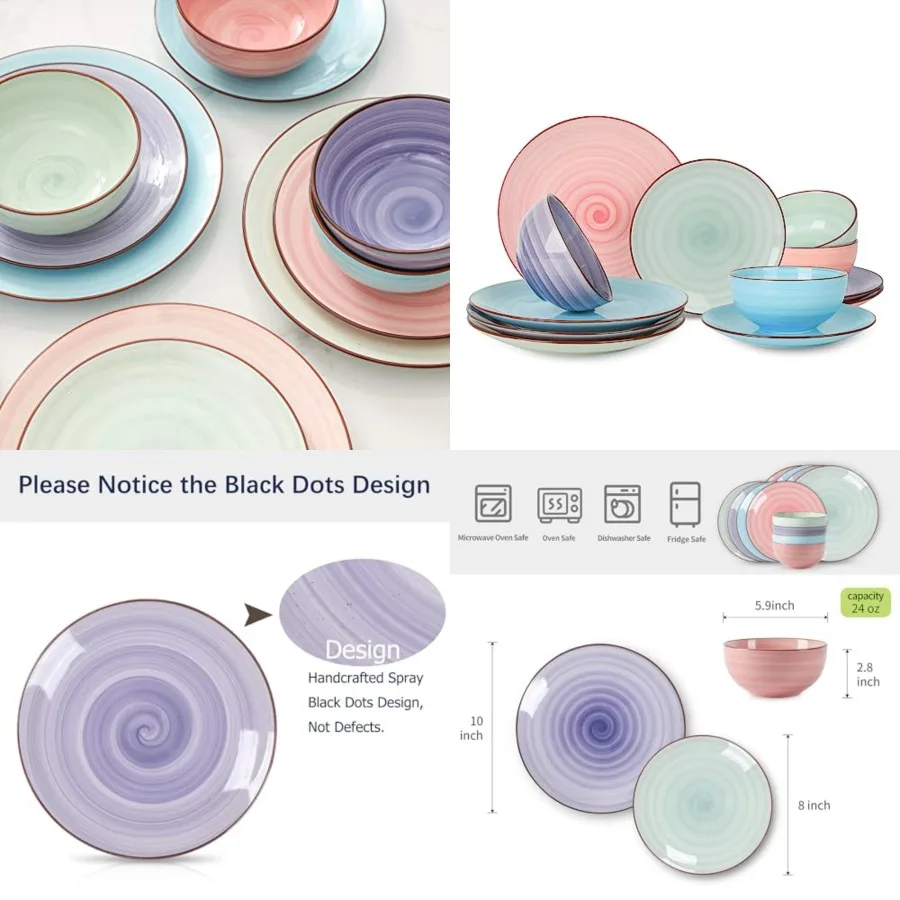 Ceramic Dinnerware Sets, Scratch Resistant Plates and Bowls Sets, Handpainted Swirl Dishes Set for 4 with Spray Black Dots, Dis
Ceramic Dinnerware Sets, Scratch Resistant Plates and Bowls Sets, Handpainted Swirl Dishes Set for 4 with Spray Black Dots, Dis