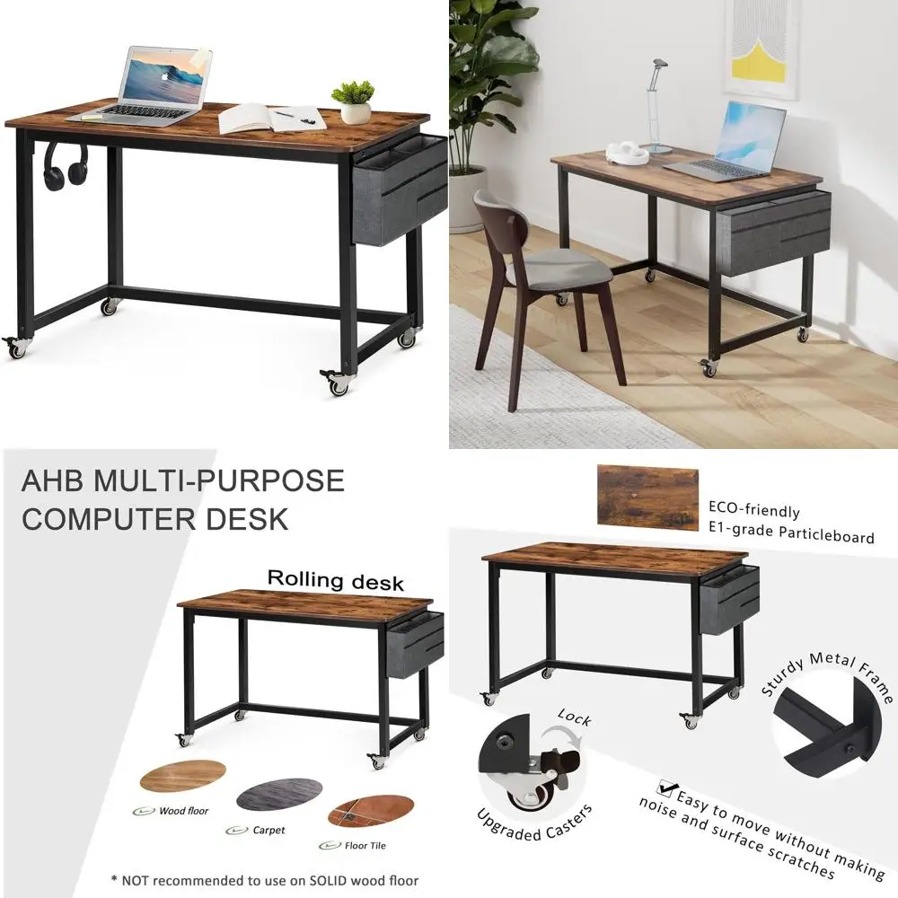 47 Brown Metal Frame Mobile Writing Desk with 4 Smooth Wheels for Home Office and Study
47 Brown Metal Frame Mobile Writing Desk with 4 Smooth Wheels for Home Office and Study