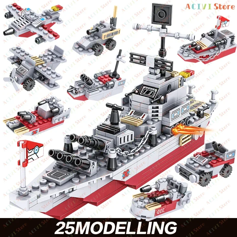 850PCS 25 In 1 Warship Building Blocks 8 In 1 Combined Military Battleship Model Educational Assembly Bricks Toys For Boys Kids
850PCS 25 In 1 Warship Building Blocks 8 In 1 Combined Military Battleship Model Educational Assembly Bricks Toys For Boys Kids