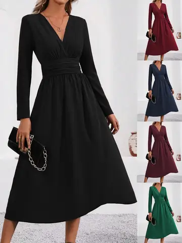 Elegant Solid Color Knit Dress for Women 2025 Fall Winter Overlap V-Neck Long Sleeve with Waist Shirring Bodycon Long Maxi Dress