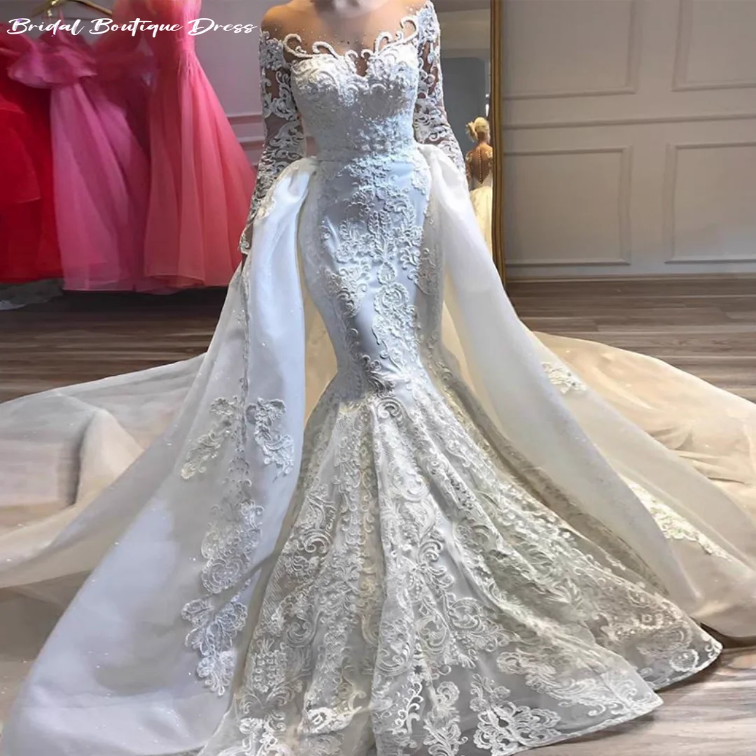 Customized Sexy Mermaid Wedding Dresses Scoop Neck Long Sleeves Beaded Lace Bridal Gown with Detachable Train
Customized Sexy Mermaid Wedding Dresses Scoop Neck Long Sleeves Beaded Lace Bridal Gown with Detachable Train