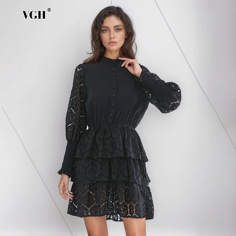 VGH Embroidery Lace Mini Dresses For Women Round Neck Long Sleeve High Waist Spliced Single Breasted Dress Female Summer Style
VGH Embroidery Lace Mini Dresses For Women Round Neck Long Sleeve High Waist Spliced Single Breasted Dress Female Summer Style