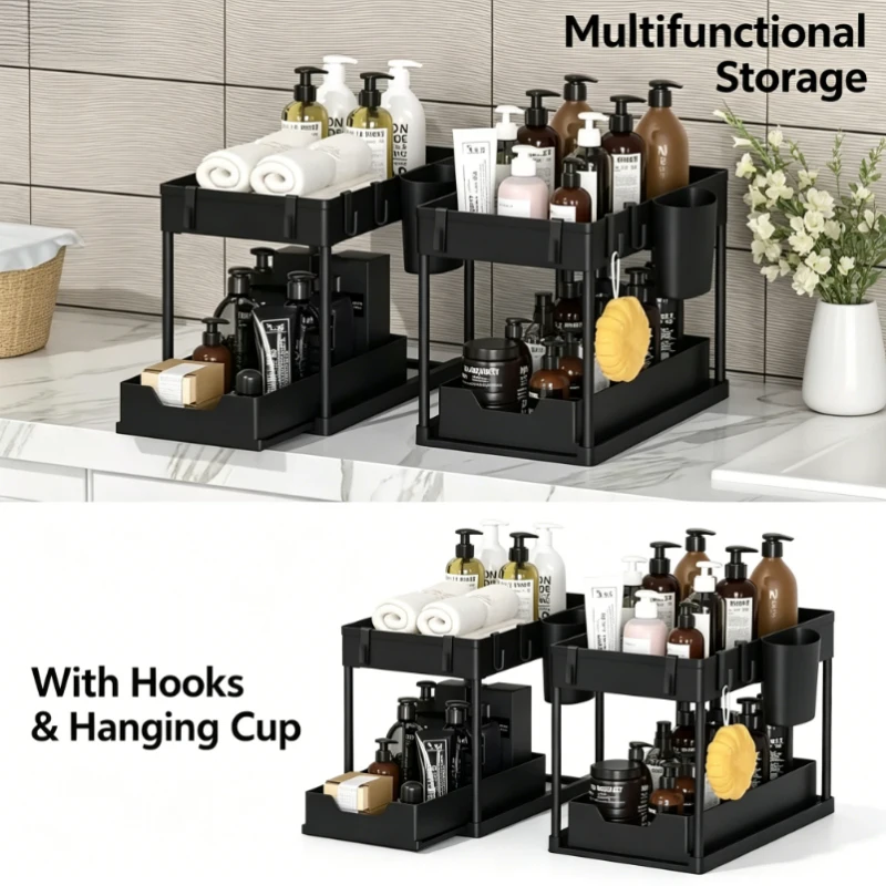 2Pcs 2 Tier Under Sink Organizer, Sliding Cabinet Storage Basket with Hooks and Hanging Cup, Multifunctional Space Saving Shelf
2Pcs 2 Tier Under Sink Organizer, Sliding Cabinet Storage Basket with Hooks and Hanging Cup, Multifunctional Space Saving Shelf