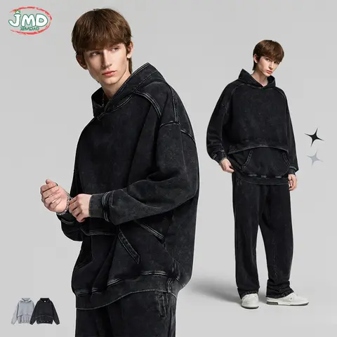JMD Vintage 2026 Men 430gsm Washed Cotton Hoodies Unisex Patchwork Fire Snowflake Distressed Hooded Pullovers Outwears QH0107