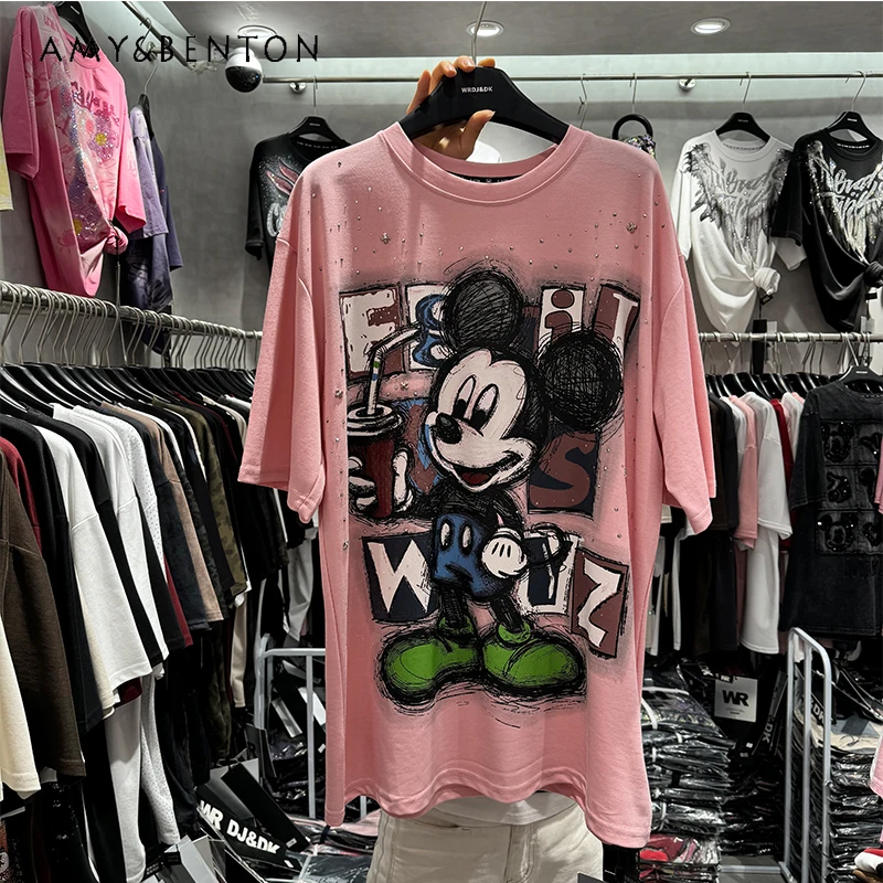 Summer New Heavy Industry Brick-inlaid Cartoon Loose Short-sleeved Tees Women's Medium And Long Casual Style T-shirt Pullover
Summer New Heavy Industry Brick-inlaid Cartoon Loose Short-sleeved Tees Women's Medium And Long Casual Style T-shirt Pullover