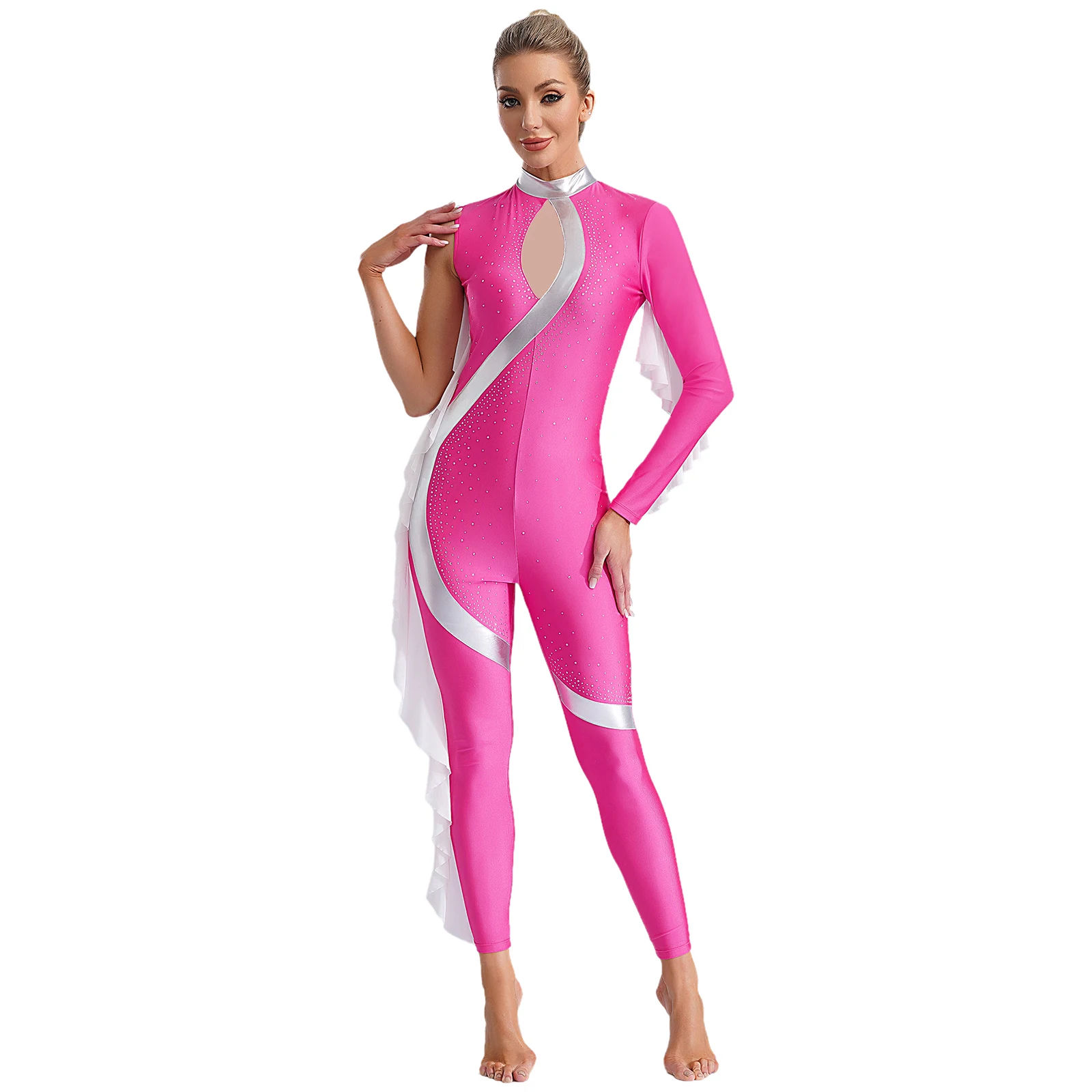 Women Metallic Shiny Rhinestones Ballet Gymnastics Full Body Leotard Ruffles Jumpsuit for Figure Skating Dance Performance Party 
Women Metallic Shiny Rhinestones Ballet Gymnastics Full Body Leotard Ruffles Jumpsuit for Figure Skating Dance Performance Party