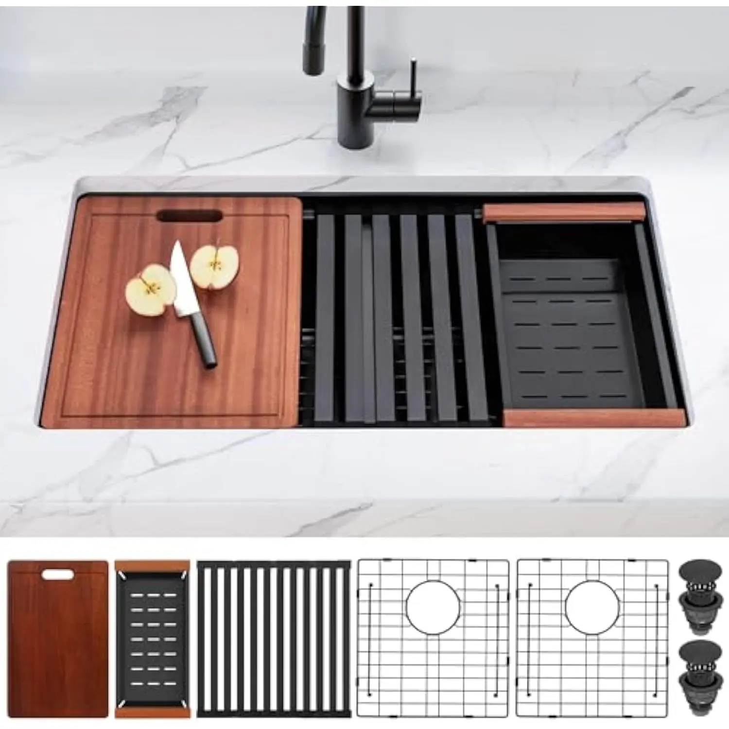 30''X18'' Black Double Bowl Kitchen Sink, T304 Stainless Steel Undermount Workstation Ledge, 10'' Deep 50/50 Double Basin, Han
30''X18'' Black Double Bowl Kitchen Sink, T304 Stainless Steel Undermount Workstation Ledge, 10'' Deep 50/50 Double Basin, Han