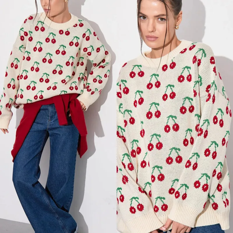 Chic Cherry Pattern Oversized Pullover Sweater 2025 Autumn Winter Knitwear For Women Cute Lazy Style Warm Loose Fit Knit Jumper
Chic Cherry Pattern Oversized Pullover Sweater 2025 Autumn Winter Knitwear For Women Cute Lazy Style Warm Loose Fit Knit Jumper