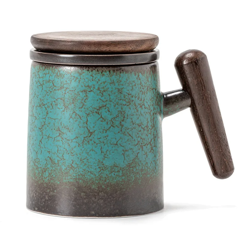 Ceramic tea cup with lid, large-capacity household wooden handle teacup 
Ceramic tea cup with lid, large-capacity household wooden handle teacup