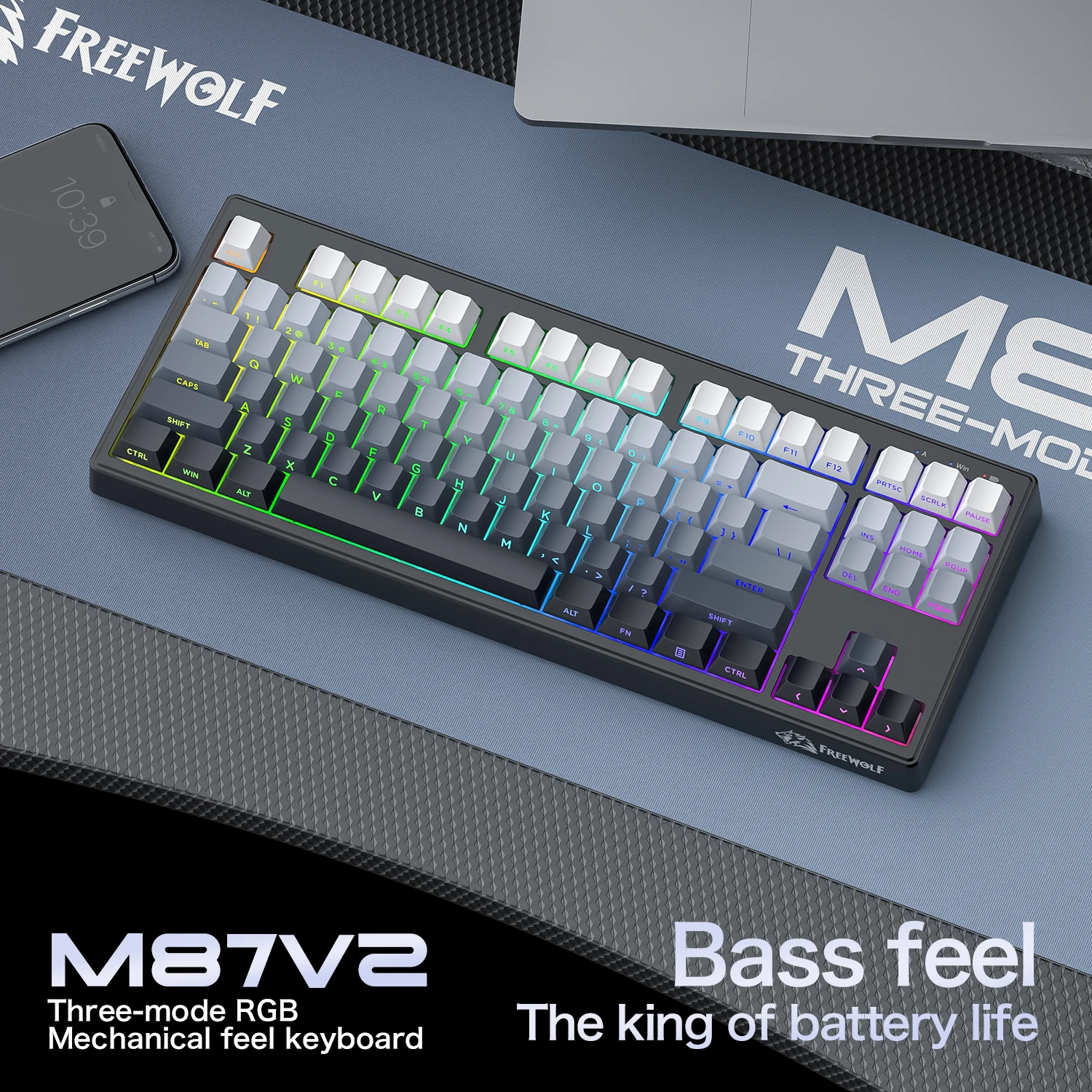 FREEWOLF M87V2 Bass RGB-клавиатура, трехрежимная, длиной 4000 мАч, двойная система, совместимая с 87 клавишами, компактная для ПК\latops
FREEWOLF M87V2 Bass RGB-клавиатура, трехрежимная, длиной 4000 мАч, двойная система, совместимая с 87 клавишами, компактная для ПК\latops
