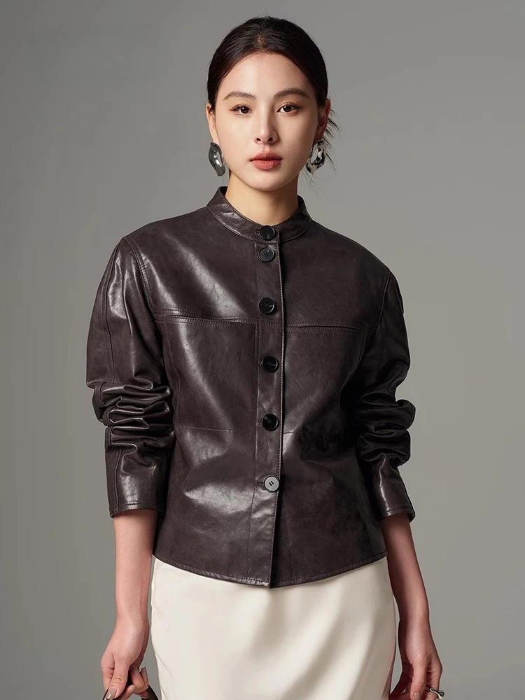Slim Short Genuine Leather Jackets for Women Spring Autumn High-end Simple Stand Collar Soft Oil Wax Real Goatskin Leather Coat
Slim Short Genuine Leather Jackets for Women Spring Autumn High-end Simple Stand Collar Soft Oil Wax Real Goatskin Leather Coat