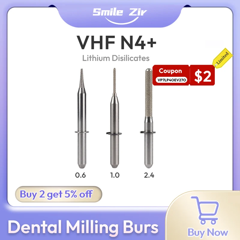 VHF N4+ Dental Milling Burs for Zirconia PMMA DC NC 0.6/1.0/2.4 Diamond Coating D3 Dental Lab Grinding CAD CAM Grinding Drills
VHF N4+ Dental Milling Burs for Zirconia PMMA DC NC 0.6/1.0/2.4 Diamond Coating D3 Dental Lab Grinding CAD CAM Grinding Drills