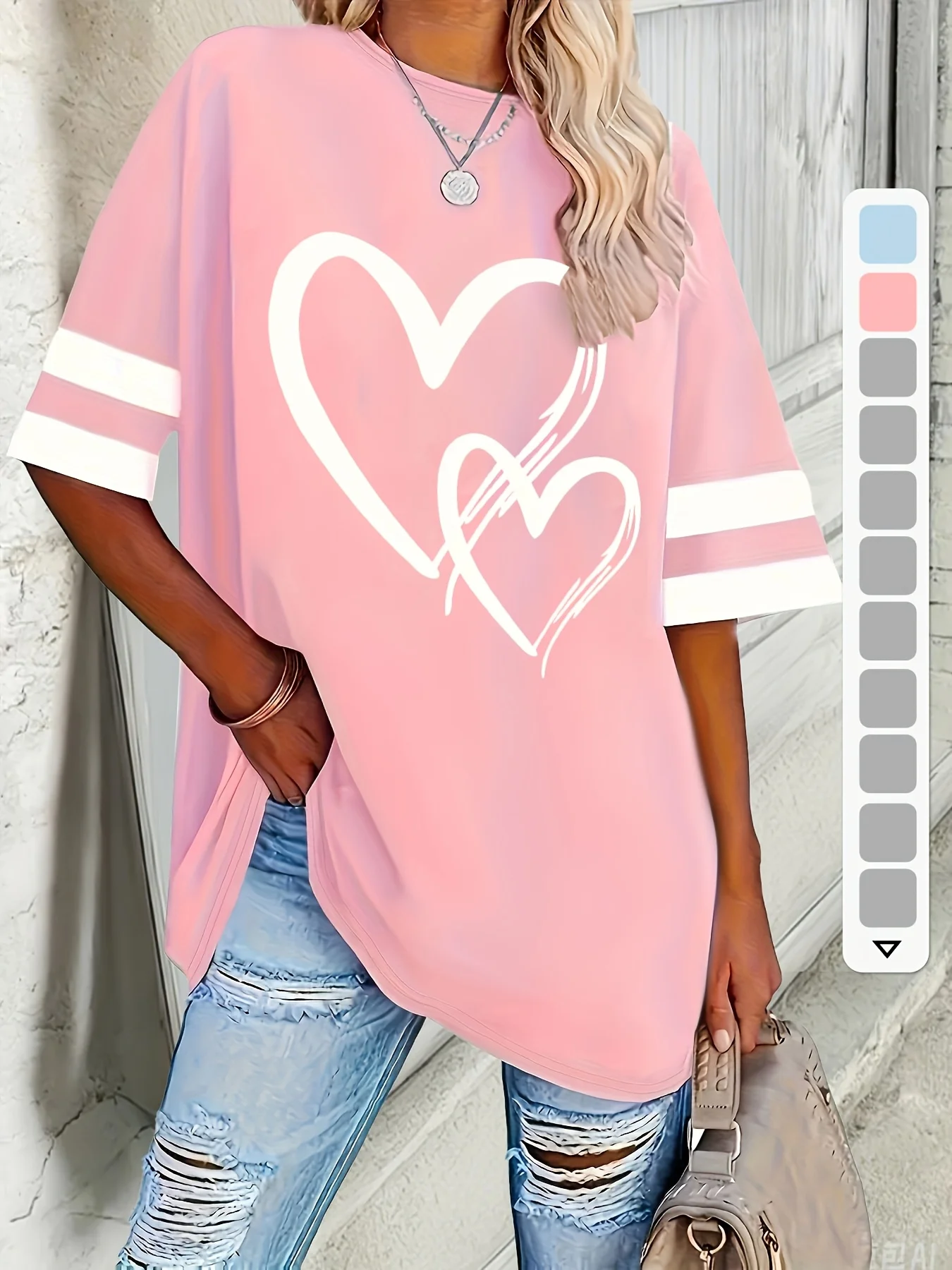 Женская полосатая футболка больших размеров с принтом в форме сердца, повседневный топ с короткими рукавами и v-образным вырезом, подходящий для весны и лета
Женская полосатая футболка больших размеров с принтом в форме сердца, повседневный топ с короткими рукавами и v-образным вырезом, подходящий для весны и лета