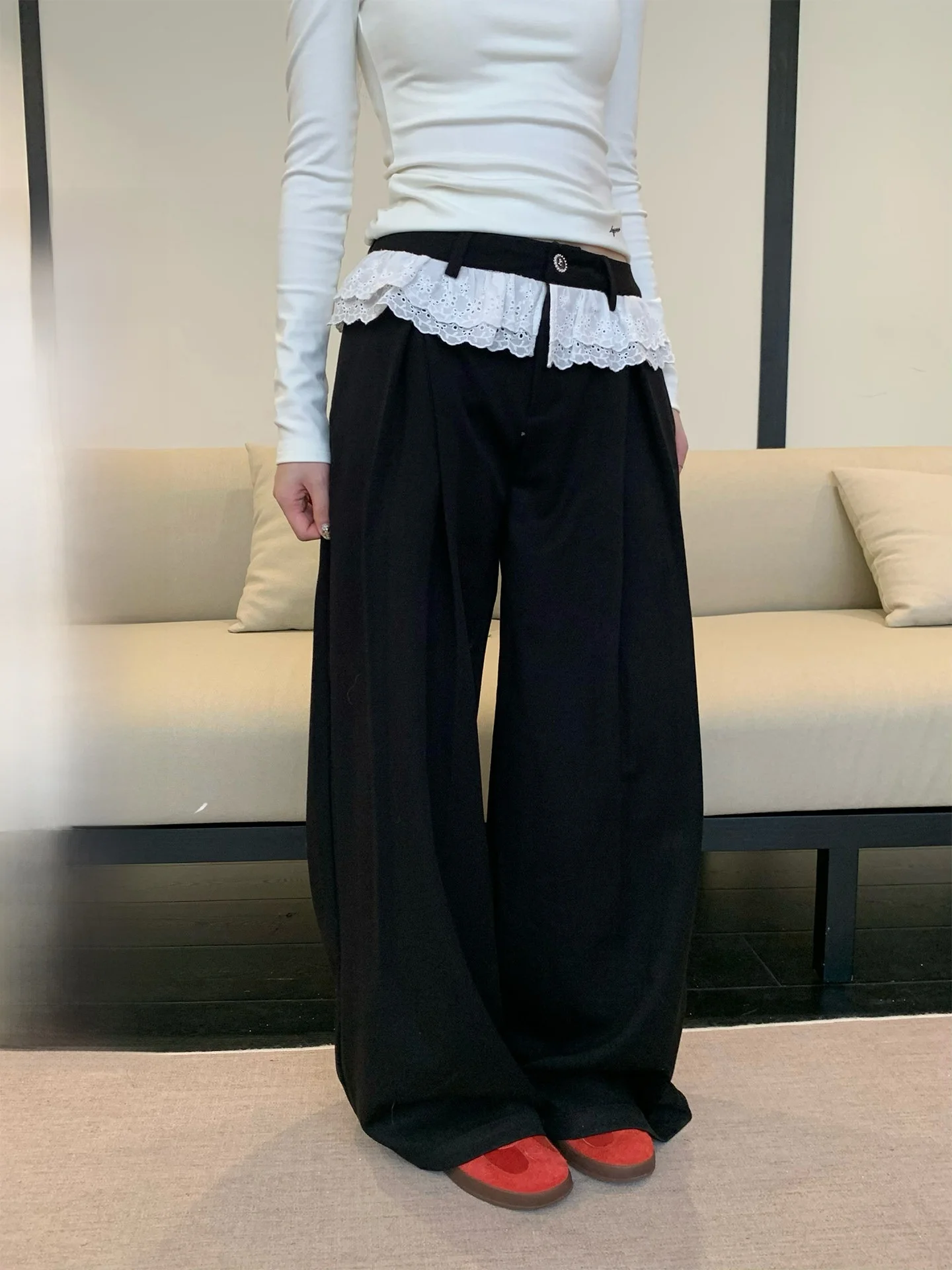 iny Spring Loose Wide Leg Casual Pants Women's High Waist Lace Trim Straight Leg Floor Length Bla Trousers
iny Spring Loose Wide Leg Casual Pants Women's High Waist Lace Trim Straight Leg Floor Length Bla Trousers