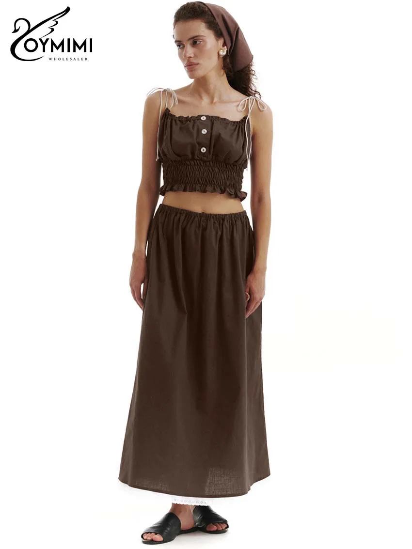 Oymimi Fashion Brown Cotton Two Piece Set For Woman Elegant Spaghetti Strap Crop Tops And Lace Pockets Ankle-Length Skirts Sets
Oymimi Fashion Brown Cotton Two Piece Set For Woman Elegant Spaghetti Strap Crop Tops And Lace Pockets Ankle-Length Skirts Sets