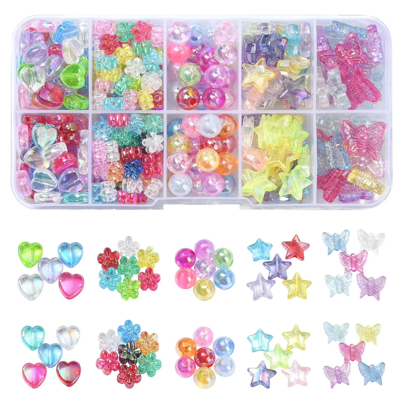 300Pcs 5 Styles AB Color Acrylic Beads Kit Colorful Heart Star Flower Butterfly Beads Acrylic Round Beads 8mm for Jewelry Making
300Pcs 5 Styles AB Color Acrylic Beads Kit Colorful Heart Star Flower Butterfly Beads Acrylic Round Beads 8mm for Jewelry Making