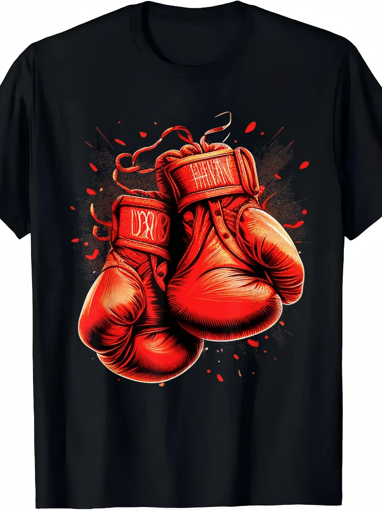Men's cotton T-shirt, loose-fitting short-sleeved round tie, red boxing gloves, graphic printed T-shirt. 
Men's cotton T-shirt, loose-fitting short-sleeved round tie, red boxing gloves, graphic printed T-shirt.