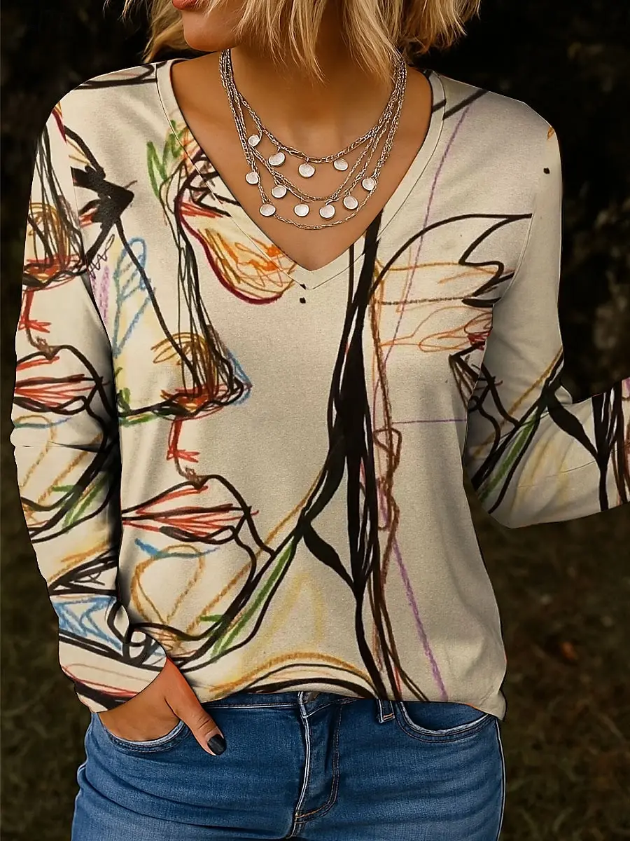 Women's Elegant V Neck Art Print Long Sleeve T-Shirt Soft Polyester Great for Autumn and Winter Casual Wear Floral Print Tops
Women's Elegant V Neck Art Print Long Sleeve T-Shirt Soft Polyester Great for Autumn and Winter Casual Wear Floral Print Tops