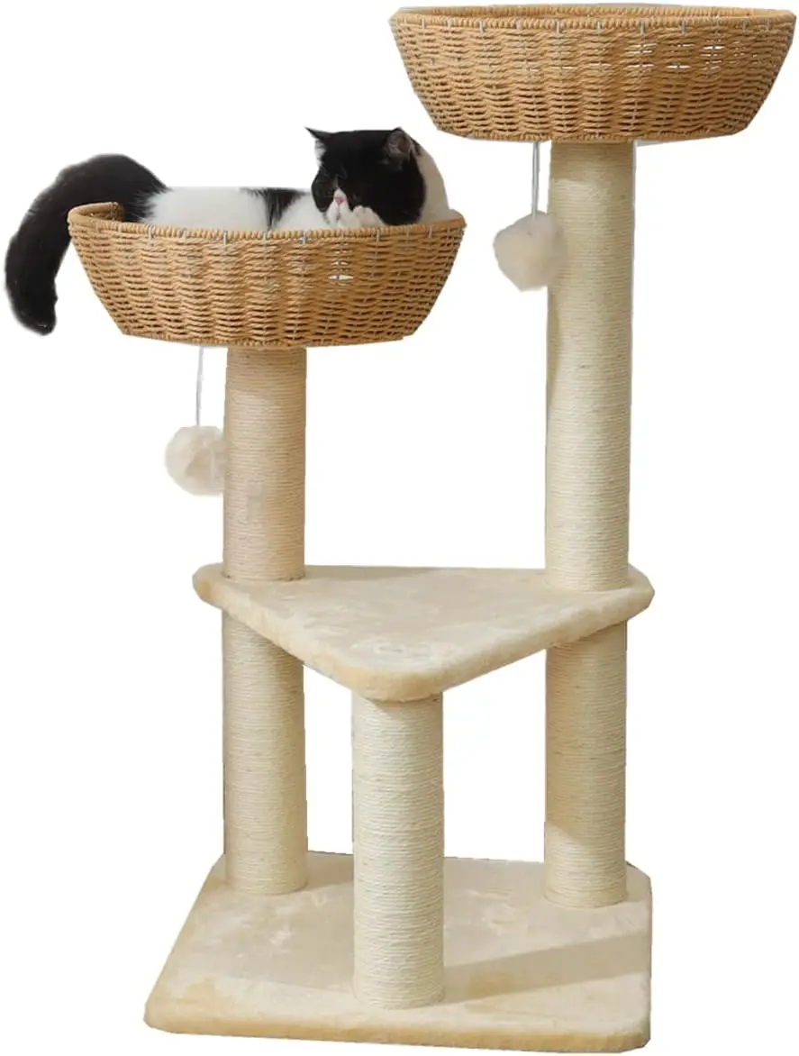Cat Tree Tower with Rattan Wicker Basket, 2 Handwoven Large Nest Baskets Bed, Window Perch for Large Cats up to 20LBS
Cat Tree Tower with Rattan Wicker Basket, 2 Handwoven Large Nest Baskets Bed, Window Perch for Large Cats up to 20LBS