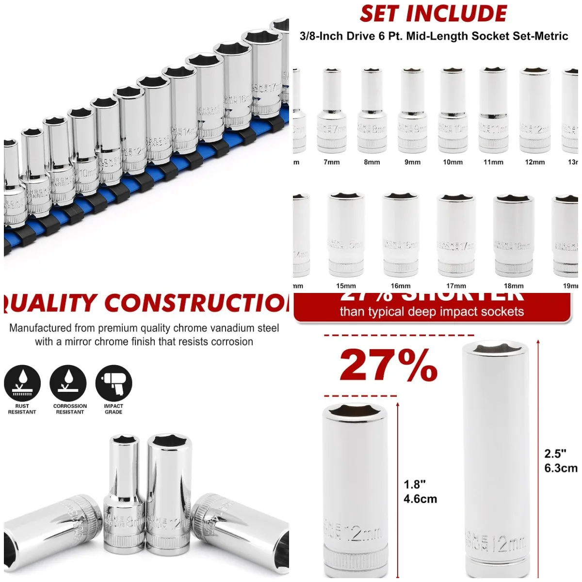 14 шт. 3/8-дюймовый привод, 6 каналов. Набор метрических головок, 6-19 мм, зеркальная хромированная отделка
14 шт. 3/8-дюймовый привод, 6 каналов. Набор метрических головок, 6-19 мм, зеркальная хромированная отделка