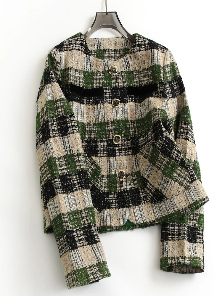 Women Autumn Contrast Color Green Plaid Slim Fit Round Neck Single Breasted Women New Long Sleeve Short Coat
Women Autumn Contrast Color Green Plaid Slim Fit Round Neck Single Breasted Women New Long Sleeve Short Coat