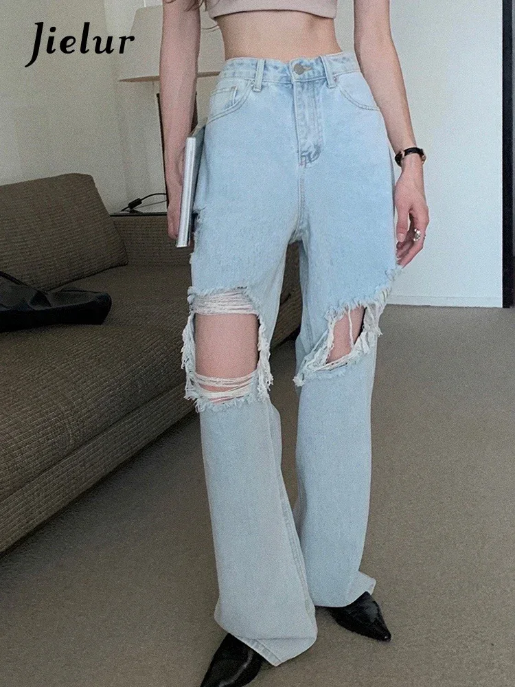 Jielur Irregular Holes Light Blue Women's Jeans Loose Full Length Do Old Fashion Casual Female Wide Leg Pants Simple Office Lady
Jielur Irregular Holes Light Blue Women's Jeans Loose Full Length Do Old Fashion Casual Female Wide Leg Pants Simple Office Lady