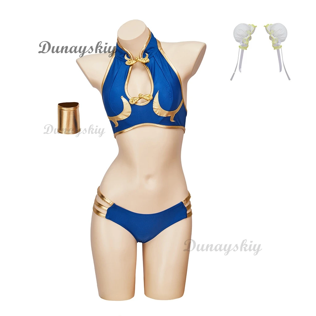 Chun Li Blue Bikini Cosplay Suit Sexy Uniform Swimsuit With Matching Headwear Female Halloween Carnival Party Performance Outfit
Chun Li Blue Bikini Cosplay Suit Sexy Uniform Swimsuit With Matching Headwear Female Halloween Carnival Party Performance Outfit