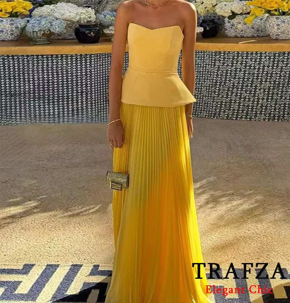 TRAFZA Elegant Chic Yellow Set Women Romantic Strapless Top Or Pleated Skirt 2025 Summer High Street Dating Party Lady Skirt Set
TRAFZA Elegant Chic Yellow Set Women Romantic Strapless Top Or Pleated Skirt 2025 Summer High Street Dating Party Lady Skirt Set
