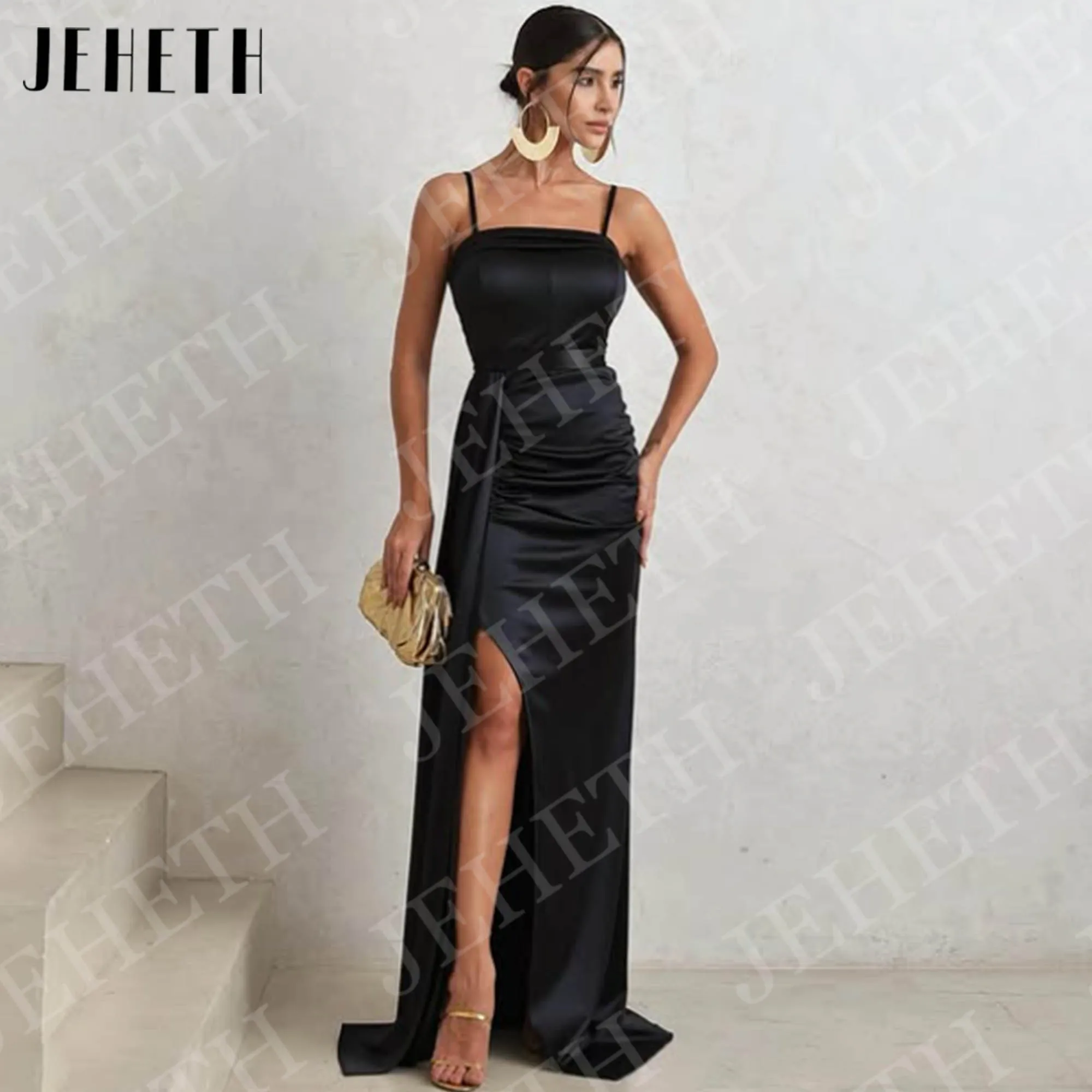 JEHETH Mermaid Evening Dresses Spaghetti Strap Customized Woman Black Satin Ruched High Slit Formal Party Dress robes de soirée
JEHETH Mermaid Evening Dresses Spaghetti Strap Customized Woman Black Satin Ruched High Slit Formal Party Dress robes de soirée