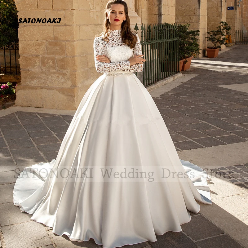 Elegant Simple High Neck Lace Satin Wedding Dress for Women A-Line Sweep Train Long Sleeves Bride Gown Vestidos De Novia Custom
Elegant Simple High Neck Lace Satin Wedding Dress for Women A-Line Sweep Train Long Sleeves Bride Gown Vestidos De Novia Custom
