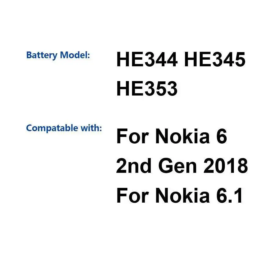 Прочный HE344 HE345 HE353 долговечный аккумулятор для мобильного телефона 3060 мАч для Nokia 6 2Nd 2018 6,1
Прочный HE344 HE345 HE353 долговечный аккумулятор для мобильного телефона 3060 мАч для Nokia 6 2Nd 2018 6,1