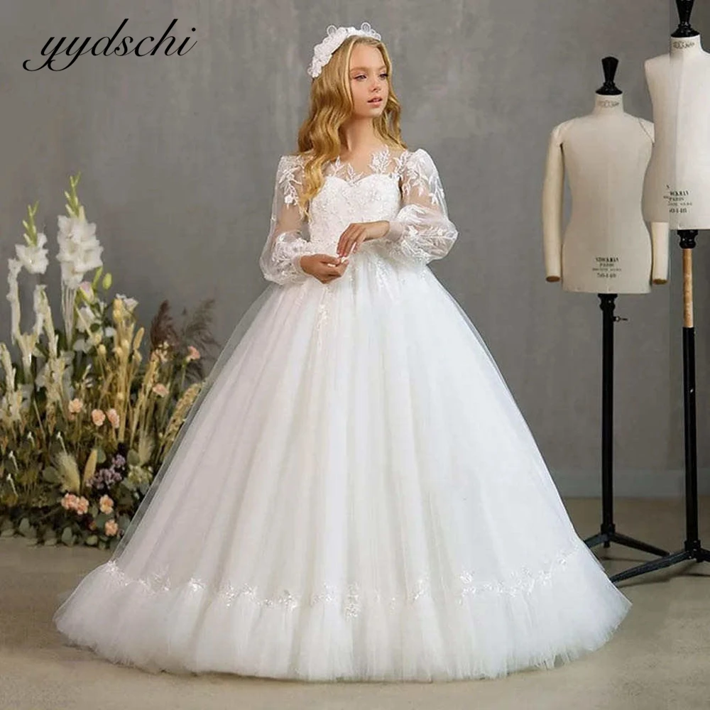 Customized Sweetheart White Flower Girl Dress Appliques Wedding Party Tulle Long Sleeves Baby Girl A-line First Communion Dress
Customized Sweetheart White Flower Girl Dress Appliques Wedding Party Tulle Long Sleeves Baby Girl A-line First Communion Dress