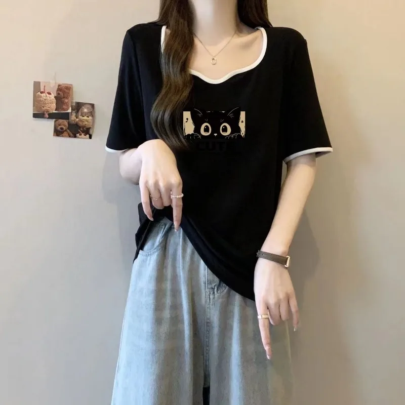 Femme Summer Korean Fashion Printing O-neck Women Clothing All-match Simplicity Cartoon Cotton Short Sleeve Appear Thin Tshirt
Femme Summer Korean Fashion Printing O-neck Women Clothing All-match Simplicity Cartoon Cotton Short Sleeve Appear Thin Tshirt