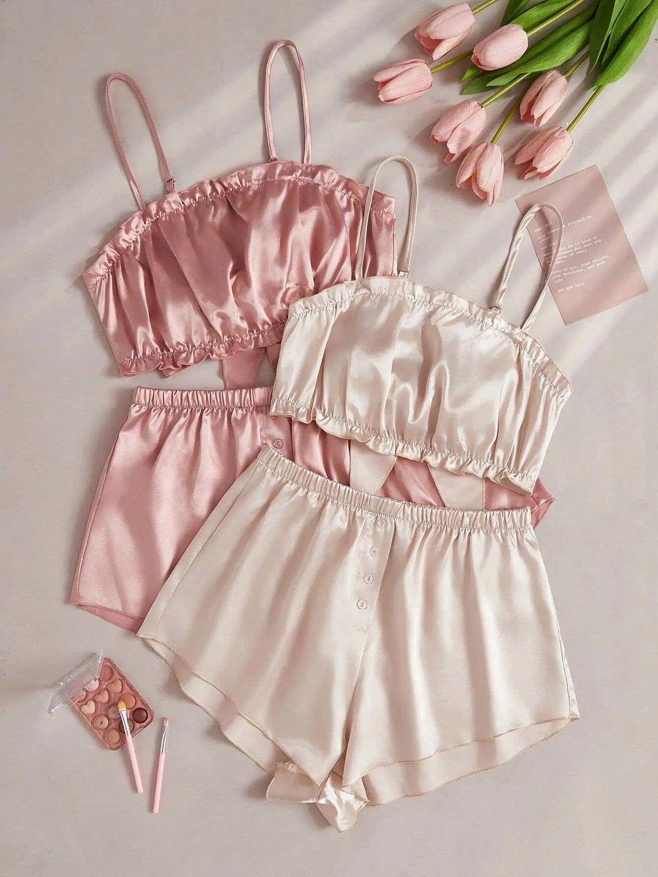 4-Piece Satin Sleep Set with Ruched Camisole Top and Button-Front Shorts
4-Piece Satin Sleep Set with Ruched Camisole Top and Button-Front Shorts