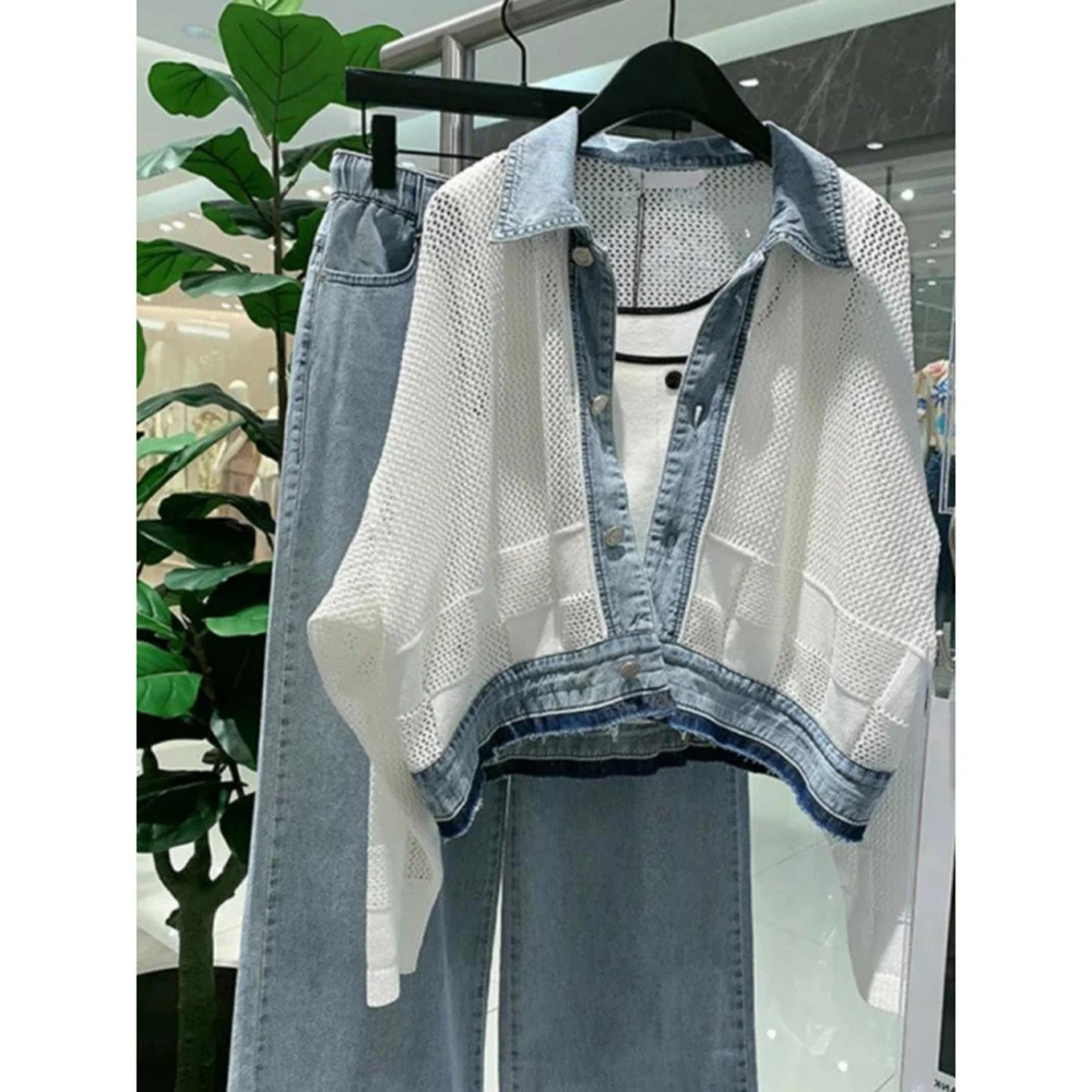 Denim Patchwork Hollow Out Jacket for Women Summer European Style Top High End Fashionable Turn-down Collar Single Breasted Coat
Denim Patchwork Hollow Out Jacket for Women Summer European Style Top High End Fashionable Turn-down Collar Single Breasted Coat