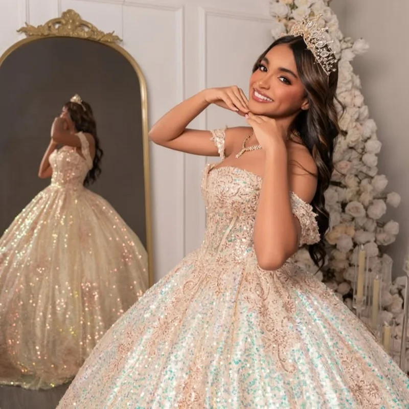 Shiny Champagne Quinceanera Dresses Off the Shoulder Sequin Crystal Decal Long tail Vestido De 15 Quinceanera Customize
Shiny Champagne Quinceanera Dresses Off the Shoulder Sequin Crystal Decal Long tail Vestido De 15 Quinceanera Customize