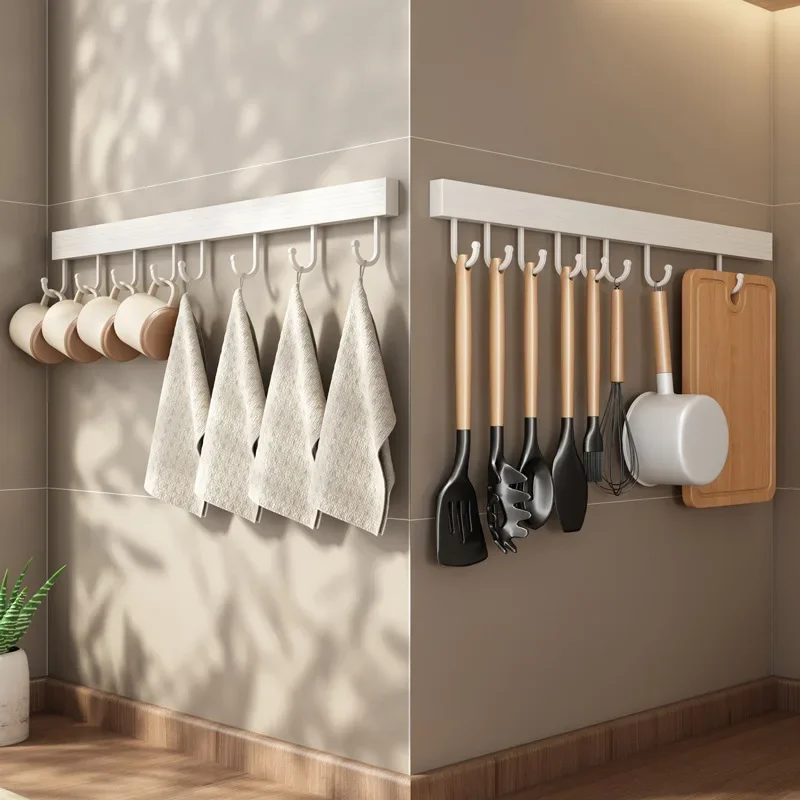 White Wall-Mounted Kitchen Hooks Rail - No-Drill Space Aluminum Organizer Ideal for Hanging Utensils Spoons Spatulas Pots & Pans
White Wall-Mounted Kitchen Hooks Rail - No-Drill Space Aluminum Organizer Ideal for Hanging Utensils Spoons Spatulas Pots & Pans
