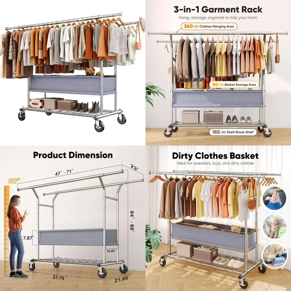 Heavy-Duty Adjustable Double Rod Clothes Rack with Wheels, Basket, and Shelves - Holds 625LBS, 71.2Wx23.6Dx68.5H
Heavy-Duty Adjustable Double Rod Clothes Rack with Wheels, Basket, and Shelves - Holds 625LBS, 71.2Wx23.6Dx68.5H