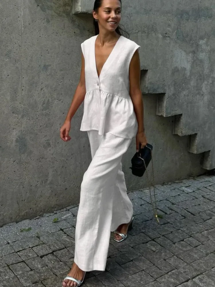 Summer Chic Women's Set Solid Color Cotton Linen Two Piece Set Fashion Ruffles Sleeveless Tank Top With Wide Pants Outfit Female
Summer Chic Women's Set Solid Color Cotton Linen Two Piece Set Fashion Ruffles Sleeveless Tank Top With Wide Pants Outfit Female