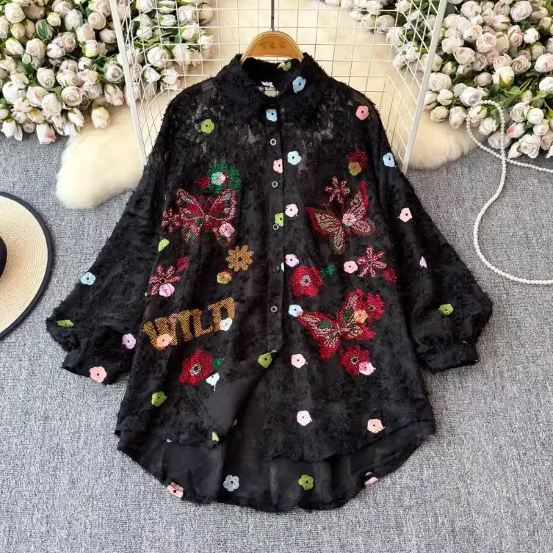 Occident Heavy Rhinestone Women Clothing Blusas Mujer Embroidery Polka Dot Vintage Blouses Single-breasted Loose Sweet Shirts
Occident Heavy Rhinestone Women Clothing Blusas Mujer Embroidery Polka Dot Vintage Blouses Single-breasted Loose Sweet Shirts