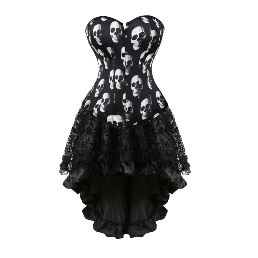 Women Sexy Overbust Corset Dress Satin Vintage Gothic Skull Corset Top Waist Cincher Bustier Asymmetrical Skirt Set Plus Size
Women Sexy Overbust Corset Dress Satin Vintage Gothic Skull Corset Top Waist Cincher Bustier Asymmetrical Skirt Set Plus Size