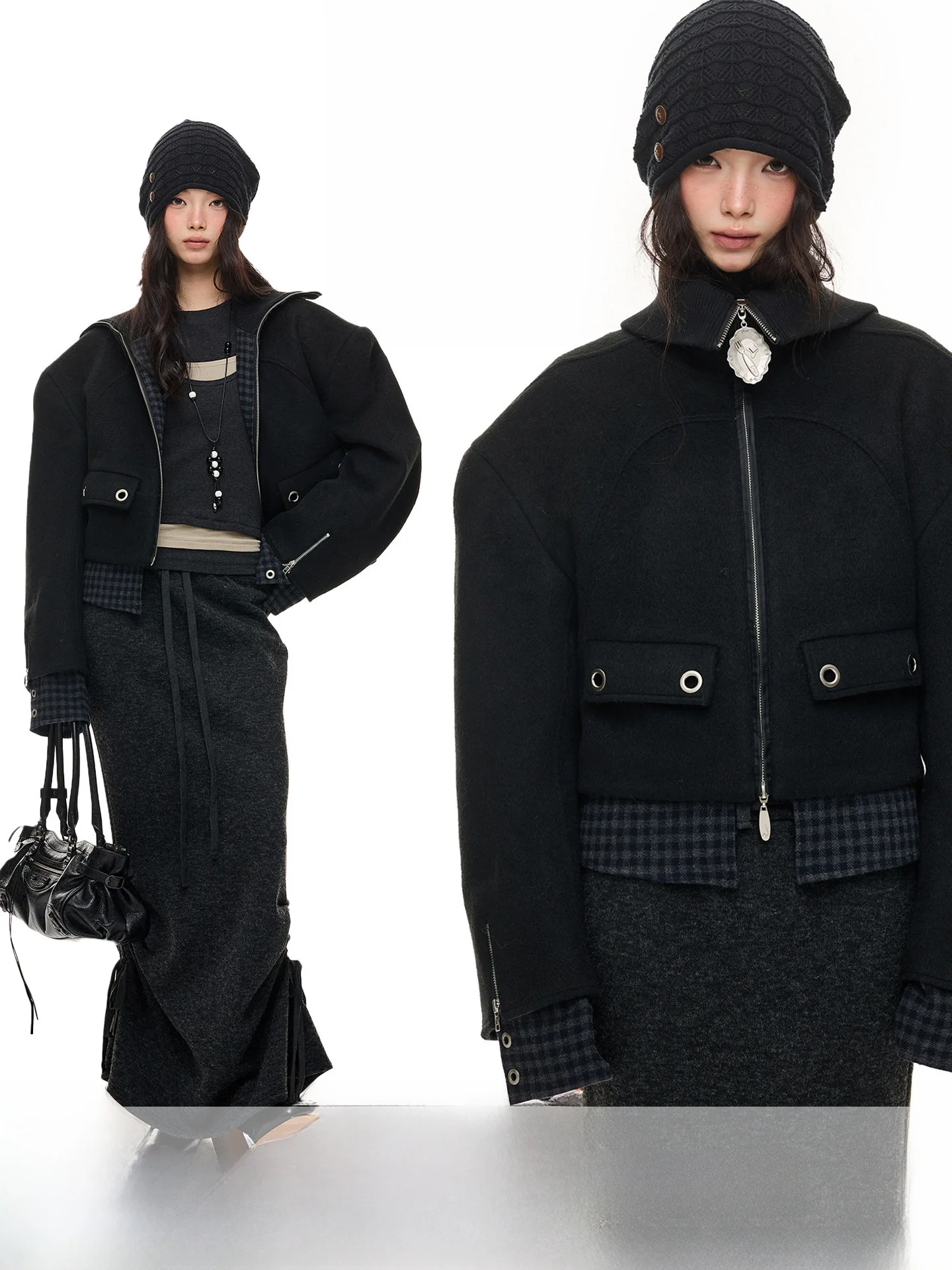 JIKOO Neck Spliced Plaid Oversized Short Woolen Coat Women Casual Style Loose Fit Shoulder Enhancing Outerwear
JIKOO Neck Spliced Plaid Oversized Short Woolen Coat Women Casual Style Loose Fit Shoulder Enhancing Outerwear