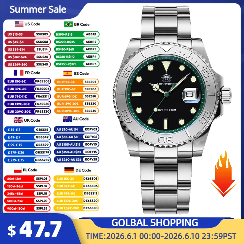 ADDIESDIVE 41mm Men Quartz Watch 200m Waterproof BGW9 Luminous Dive Wristwatch Ceramic Bezel Stainless Steel Watches Male AD2040
ADDIESDIVE 41mm Men Quartz Watch 200m Waterproof BGW9 Luminous Dive Wristwatch Ceramic Bezel Stainless Steel Watches Male AD2040