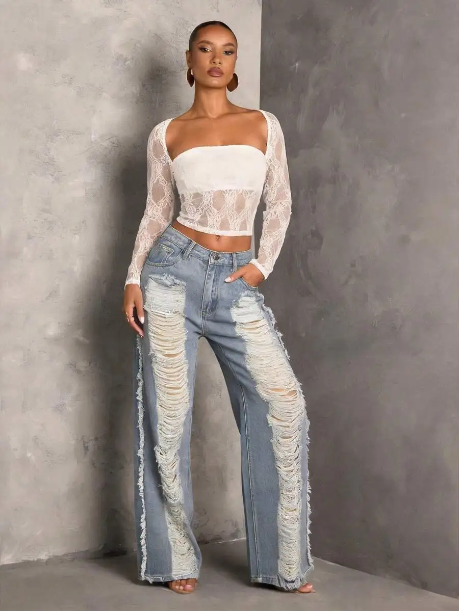 Womens Light Blue Distressed Wide Leg Jeans With Frayed Edges High Waisted Loose Fit Street Style
Womens Light Blue Distressed Wide Leg Jeans With Frayed Edges High Waisted Loose Fit Street Style