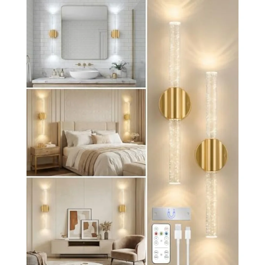 Peel and Stick on Wall Sconce set of 2, No Drill Gold Wireless Magnetic Battery Operated Wall Lights with Remote and Touch Cont
Peel and Stick on Wall Sconce set of 2, No Drill Gold Wireless Magnetic Battery Operated Wall Lights with Remote and Touch Cont