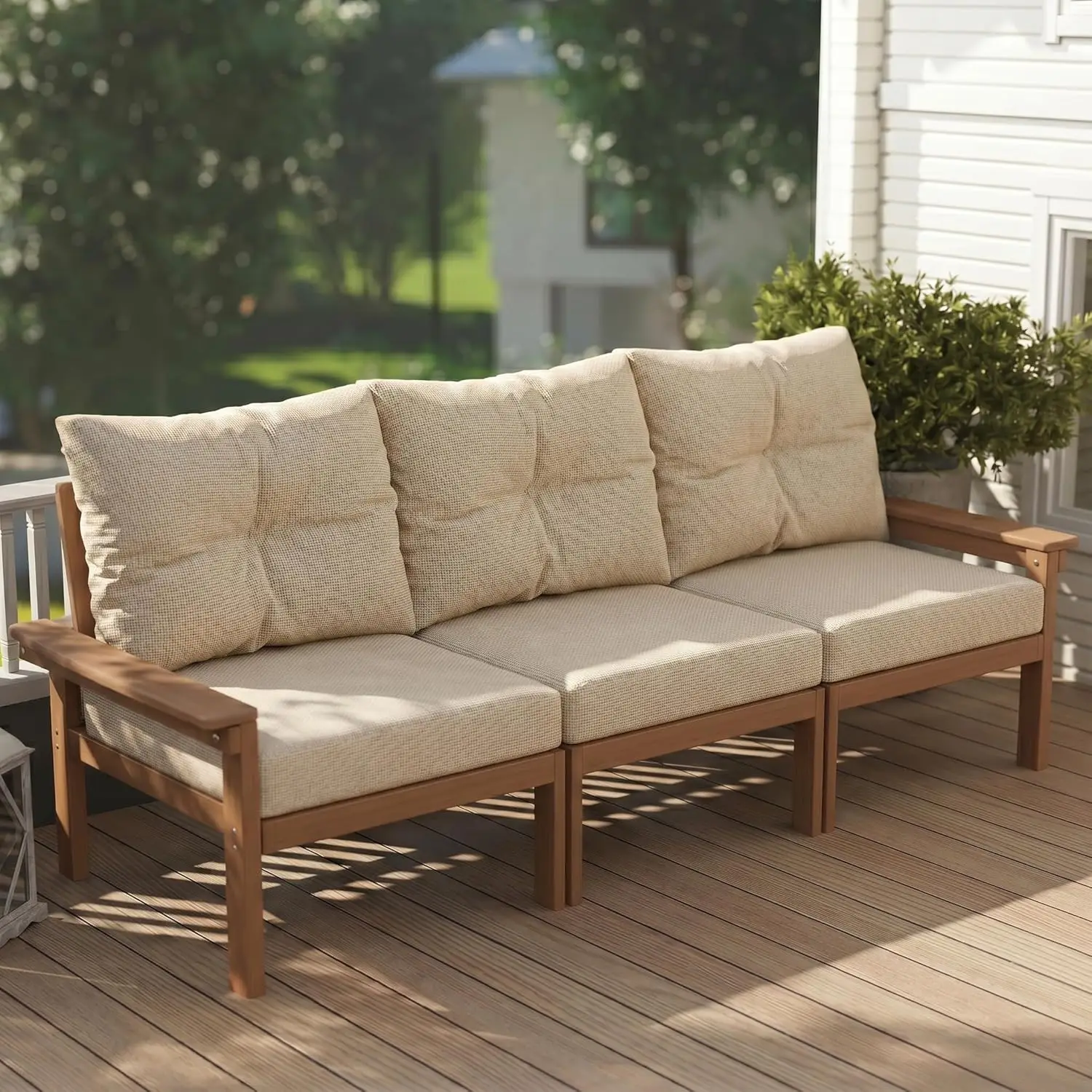 Teak Outdoor 3-Seat Sofa, HDPE Patio Couch with Thick Beige Cushions, Deep Seating Sofa for Patio, Deck, Porch
Teak Outdoor 3-Seat Sofa, HDPE Patio Couch with Thick Beige Cushions, Deep Seating Sofa for Patio, Deck, Porch