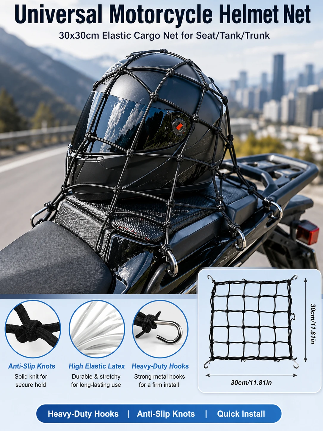 Universal Motorcycle Helmet Net, 30x30cm Elastic Cargo Net for Seat/Tank/Trunk, Heavy-Duty Hooks & Anti-Slip Knots
Universal Motorcycle Helmet Net, 30x30cm Elastic Cargo Net for Seat/Tank/Trunk, Heavy-Duty Hooks & Anti-Slip Knots