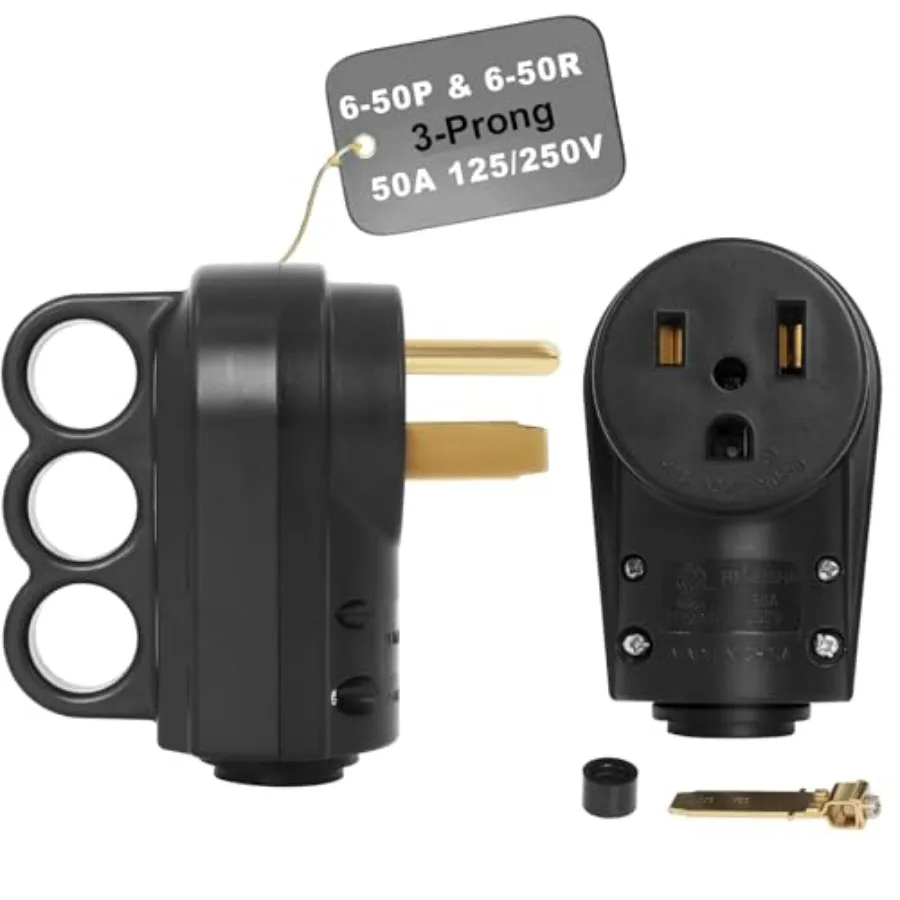 50 Amp Female 6-50P Plug and 6-50R Receptacle Set for RV, EV Charger, Welder hine, Black 3 Prong 125/250V Heavy-Duty Electrical
50 Amp Female 6-50P Plug and 6-50R Receptacle Set for RV, EV Charger, Welder hine, Black 3 Prong 125/250V Heavy-Duty Electrical