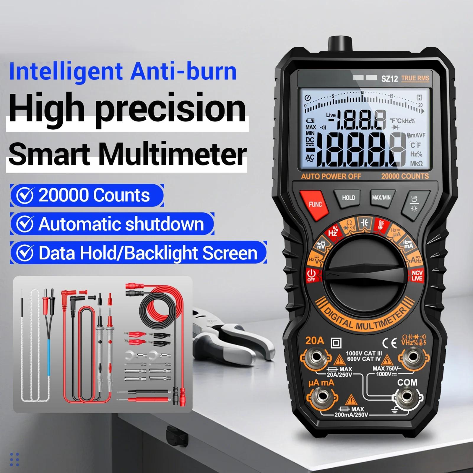LCD Digital Multimeter 20000 Counts, True RMS Auto-Ranging, NCV Voltage Tester, Measures AC/DC Voltage/Current, Resistance
LCD Digital Multimeter 20000 Counts, True RMS Auto-Ranging, NCV Voltage Tester, Measures AC/DC Voltage/Current, Resistance
