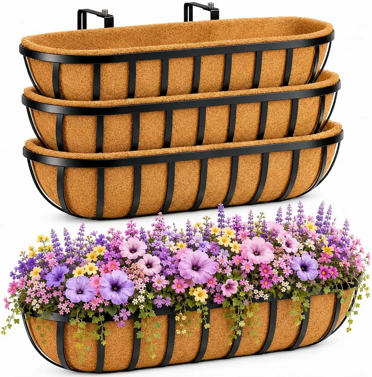 30" Black Metal Window Box Planter Set of 4 with Coco Liners, Adjustable for Railings Up to 6.5", Indoor Outdoor Use
30" Black Metal Window Box Planter Set of 4 with Coco Liners, Adjustable for Railings Up to 6.5", Indoor Outdoor Use